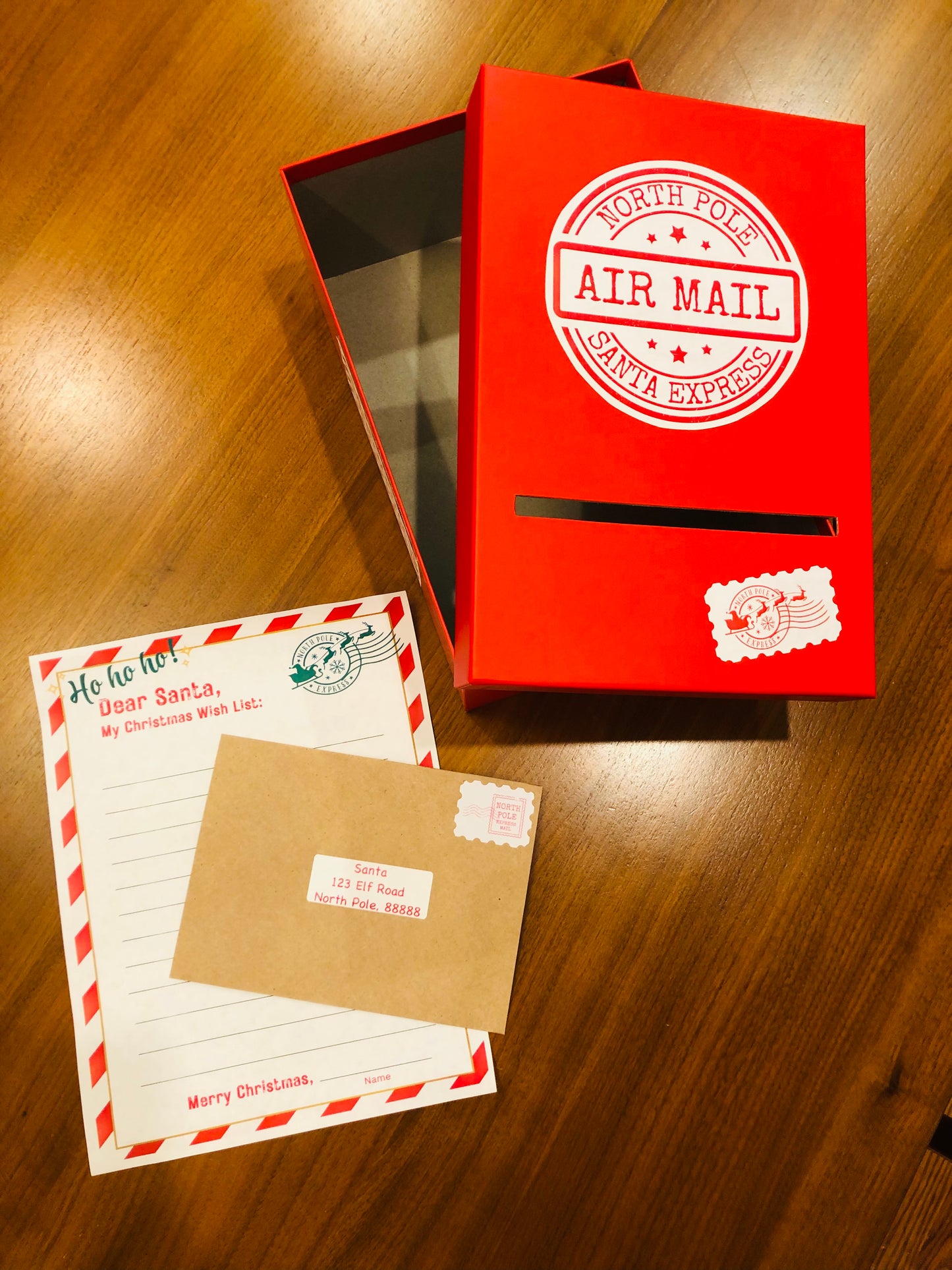 Red North Pole Express Postal Box, Letter to Santa and Addressed Envelope